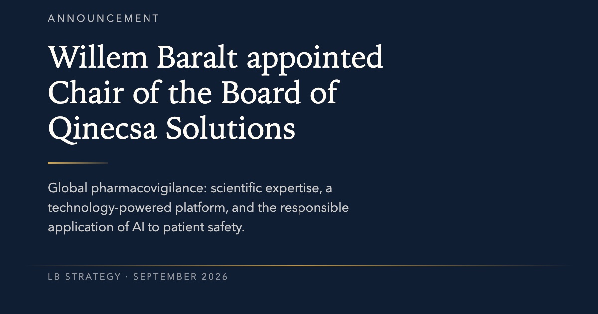 Navy announcement card reading: Willem Baralt appointed Chair of the Board of Qinecsa Solutions.